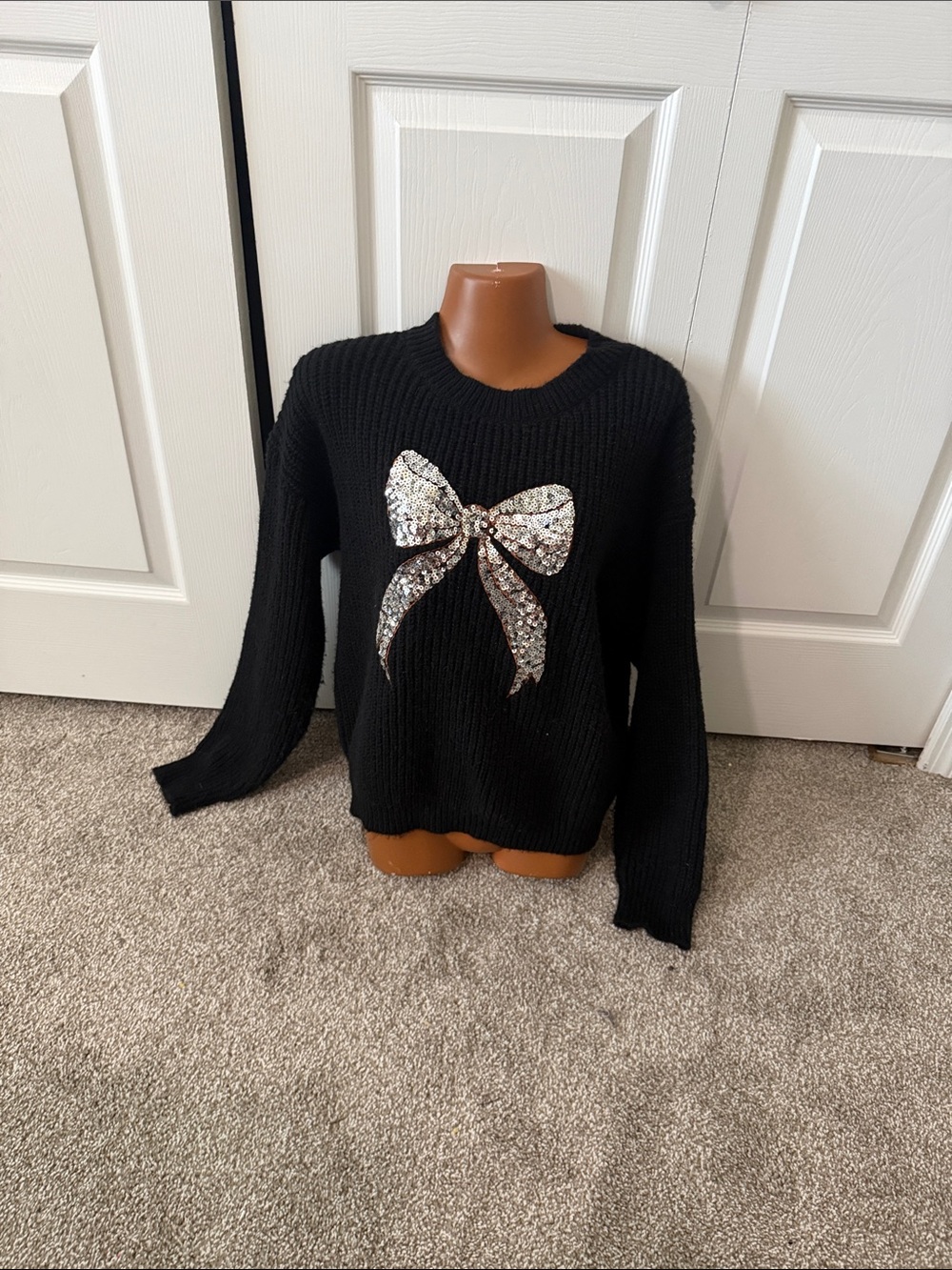 So Me Black Women's Cardigan Sweater With Gold Sequin Bow